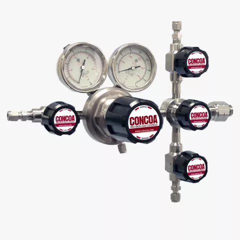 455 Series single stage, electroless nickel-plated forged brass, four port regulator for highly corrosive gas applications