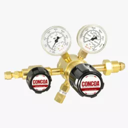 Six-port, bare brass barstock, dual stage cylinder regulator for ultra-high purity inert gas applications